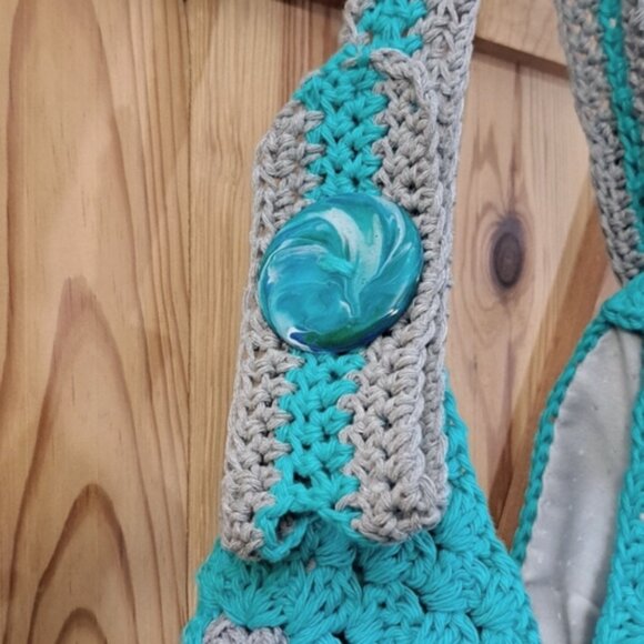 Hand Crafted Crochet Bag Hobo Purse Tote Three Granny Square Cotton Sea Breeze - Picture 4 of 11